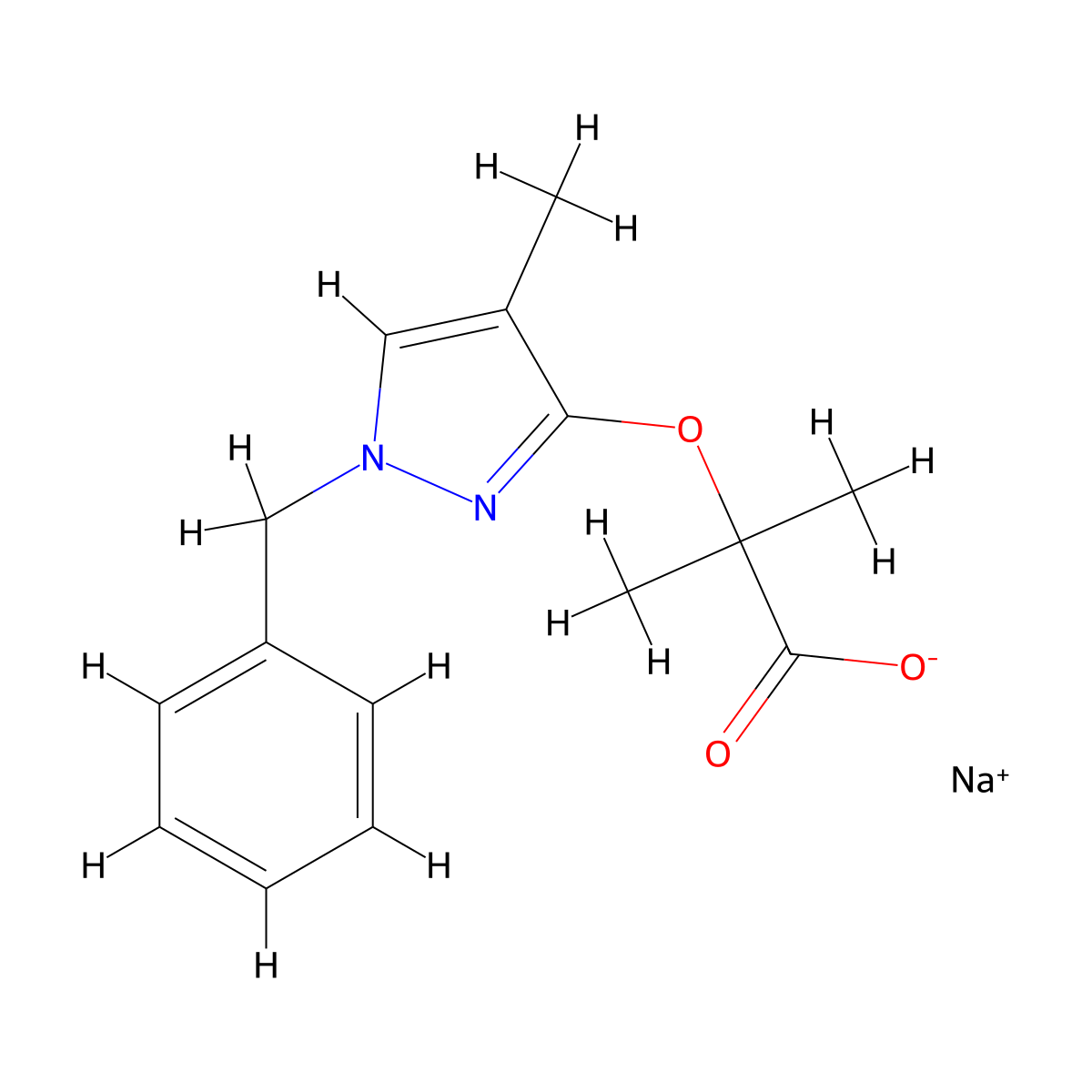 sodium 2-[(1-benzyl-4-methyl-1H-pyrazol-3-yl)oxy]-2-methylpropanoate molecular structure, CAS 124361-55-3