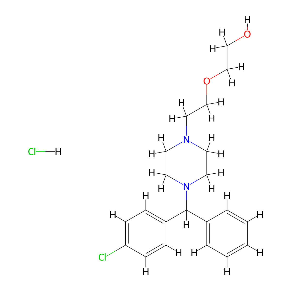 Hydroxyzine monohydrochloride molecular structure, CAS 1244-76-4