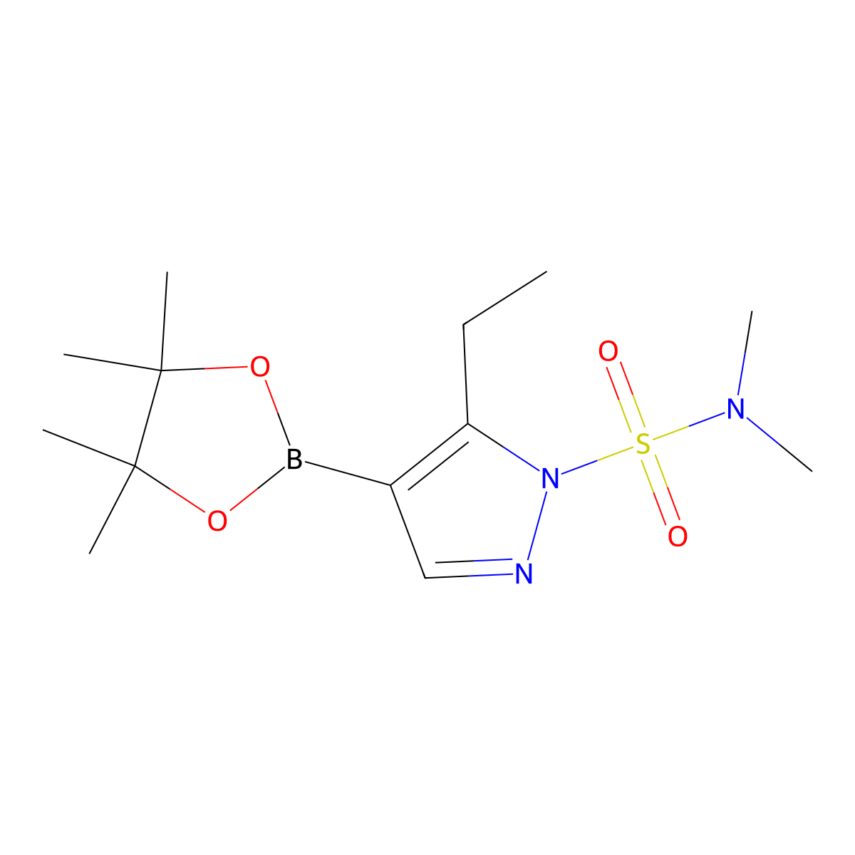 5-ethyl-N,N-dimethyl-4-(4,4,5,5-tetramethyl-1,3,2-dioxaborolan-2-yl)-1H-pyrazole-1-sulfonamide molecular structure, CAS 1244027-83-5