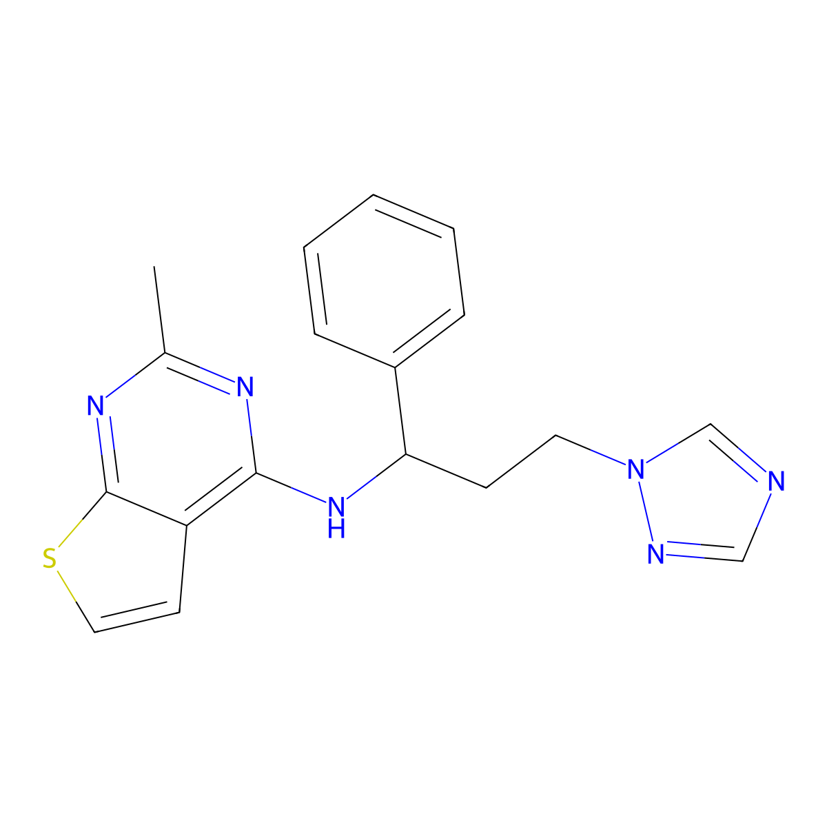2-methyl-N-[1-phenyl-3-(1H-1,2,4-triazol-1-yl)propyl]thieno[2,3-d]pyrimidin-4-amine molecular structure, CAS 1244680-77-0