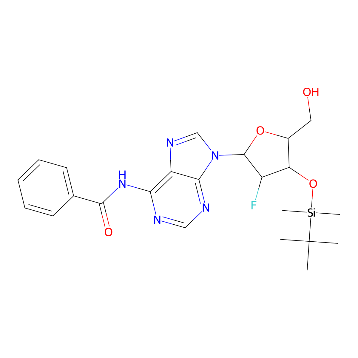 N-(9-((2R,3R,4R,5R)-4-((tert-Butyldimethylsilyl)oxy)-3-fluoro-5-(hydroxymethyl)tetrahydrofuran-2-yl)-9H-purin-6-yl)benzamide molecular structure, CAS 1244763-25-4