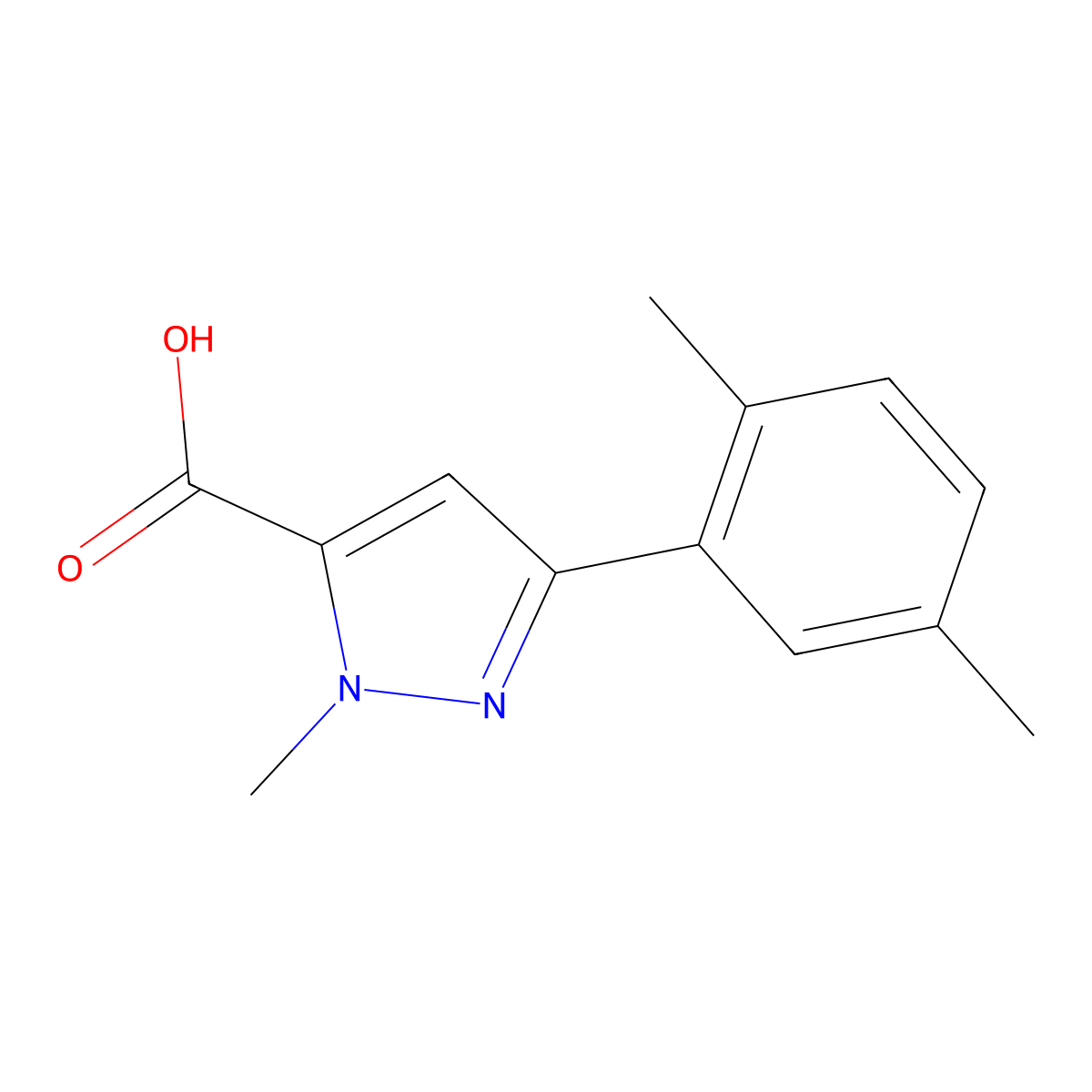 3-(2,5-dimethylphenyl)-1-methyl-1H-pyrazole-5-carboxylic acid molecular structure, CAS 1245087-46-0