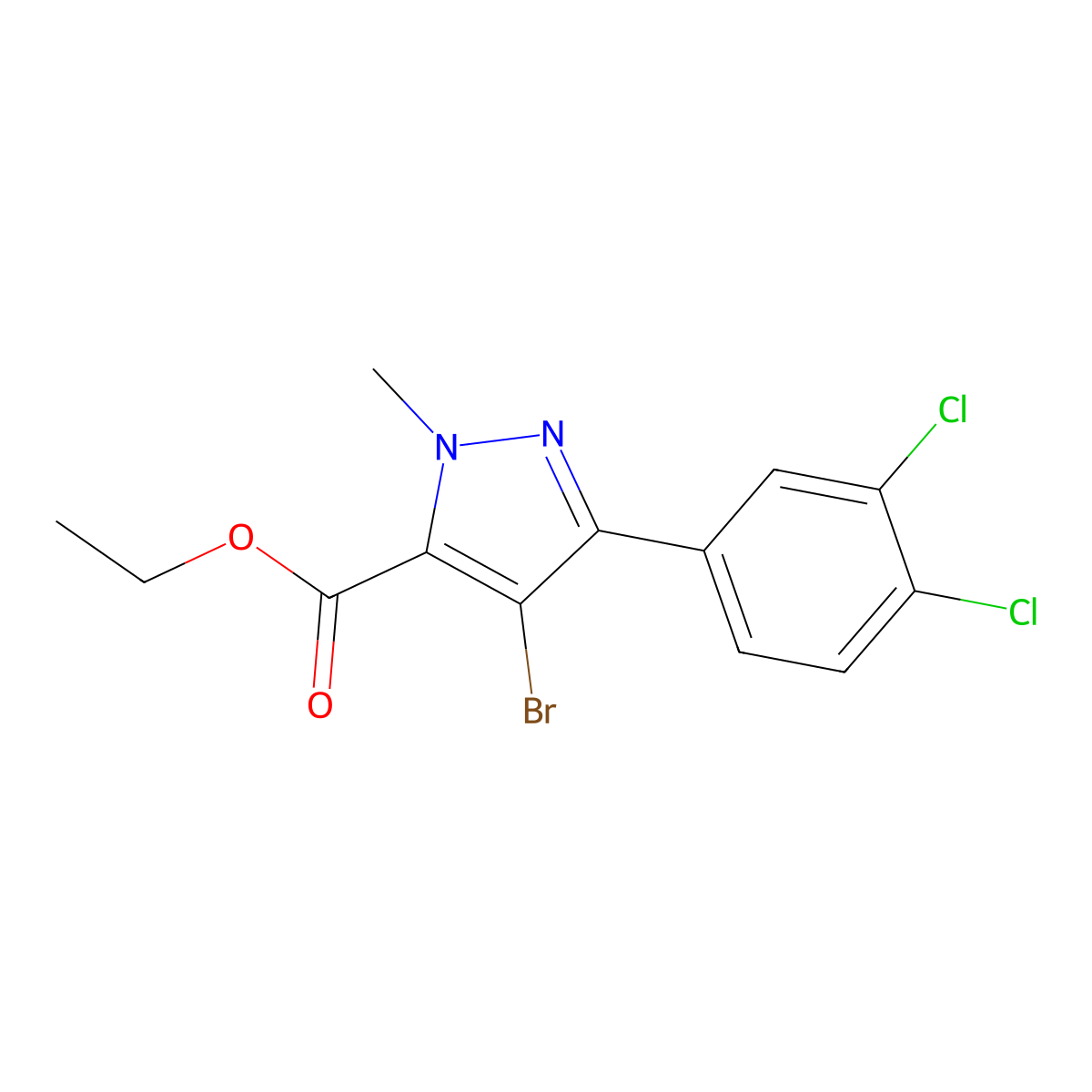 Ethyl 4-bromo-5-(3,4-dichlorophenyl)-2-methylpyrazole-3-carboxylate molecular structure, CAS 1245164-94-6