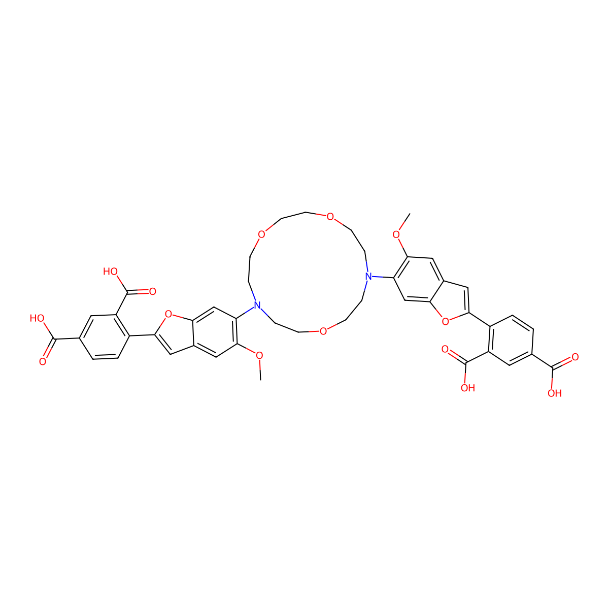 4,4'-(1,4,10-Trioxa-7,13-diazacyclopentadecane-7,13-diylbis(5-methoxy-6,2-benzofurandiyl))bis(1,3-benzenedicarboxylic acid) molecular structure, CAS 124549-08-2