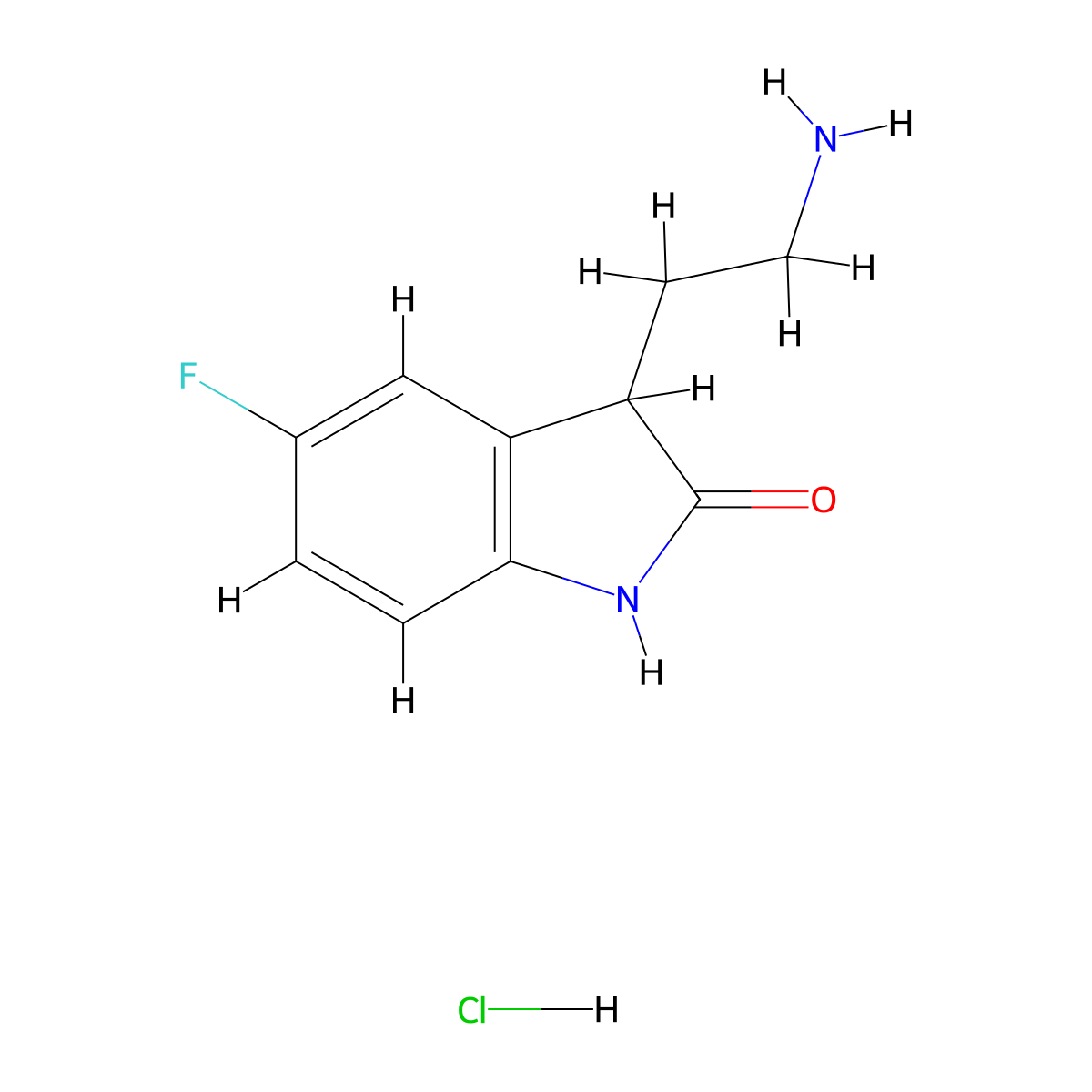 3-(2-aminoethyl)-5-fluoro-2,3-dihydro-1H-indol-2-one hydrochloride molecular structure, CAS 1245568-58-4