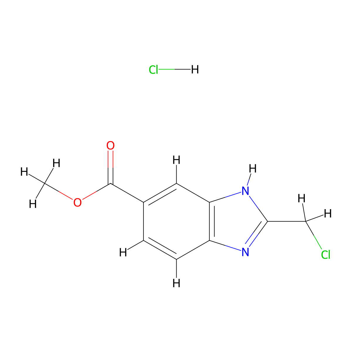 methyl 2-(chloromethyl)-1H-1,3-benzodiazole-5-carboxylate hydrochloride molecular structure, CAS 1245569-79-2