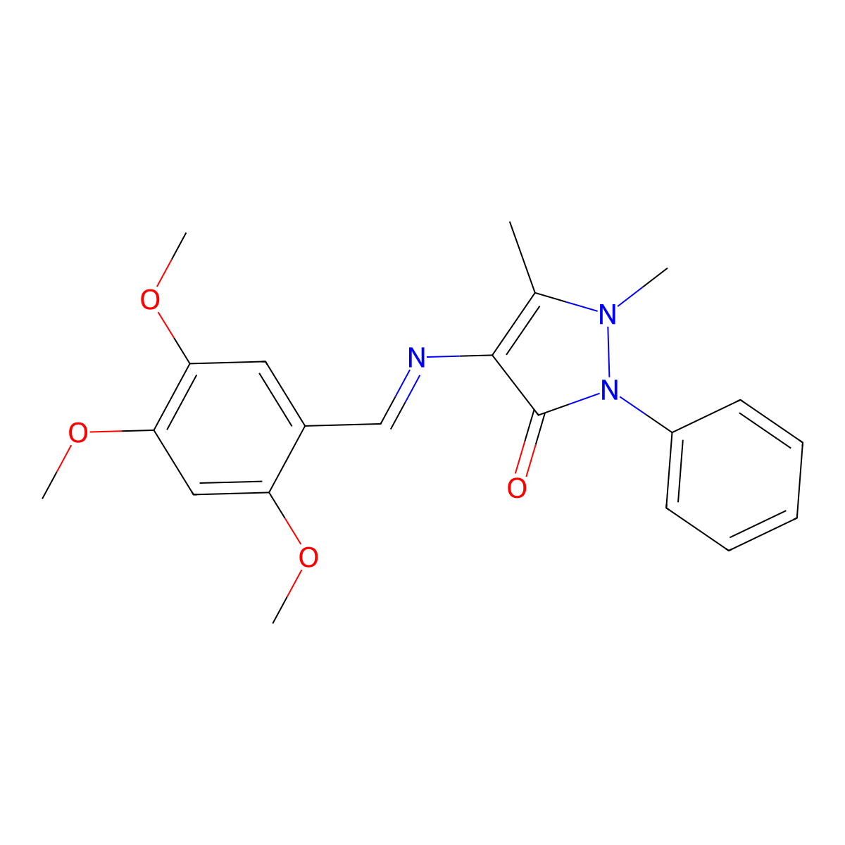 1,5-dimethyl-2-phenyl-4-{[(1E)-(2,4,5-trimethoxyphenyl)methylene]amino}-1,2-dihydro-3H-pyrazol-3-one molecular structure, CAS 1245607-87-7