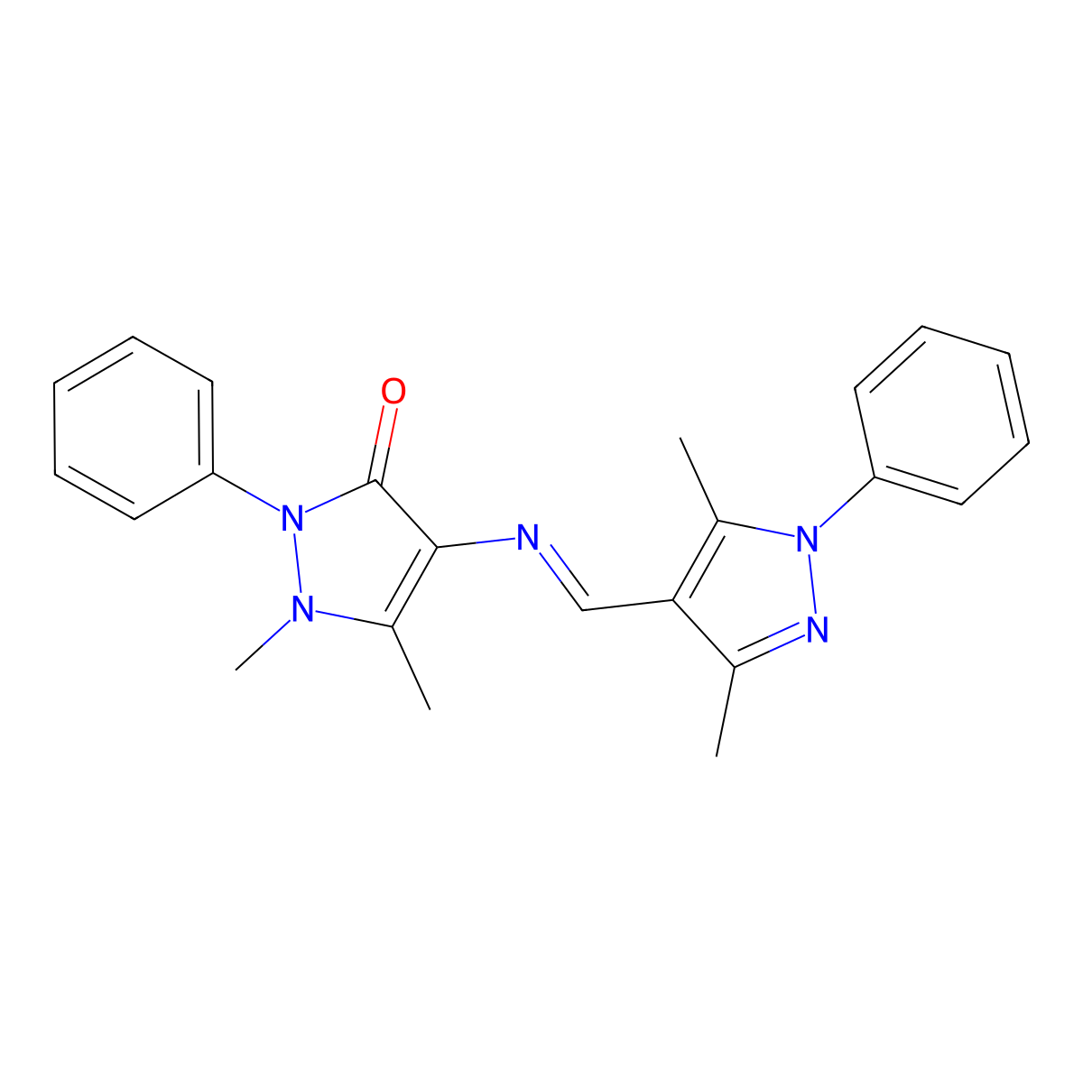 4-{[(E)-(3,5-dimethyl-1-phenyl-1H-pyrazol-4-yl)methylidene]amino}-1,5-dimethyl-2-phenyl-1,2-dihydro-3H-pyrazol-3-one molecular structure, CAS 1245618-60-3