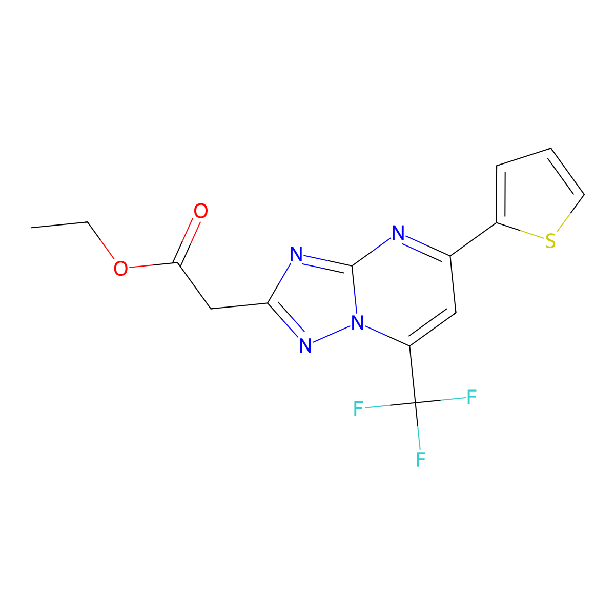 Ethyl [5-(thiophen-2-yl)-7-(trifluoromethyl)[1,2,4]triazolo[1,5-a]pyrimidin-2-yl]acetate molecular structure, CAS 1245807-04-8