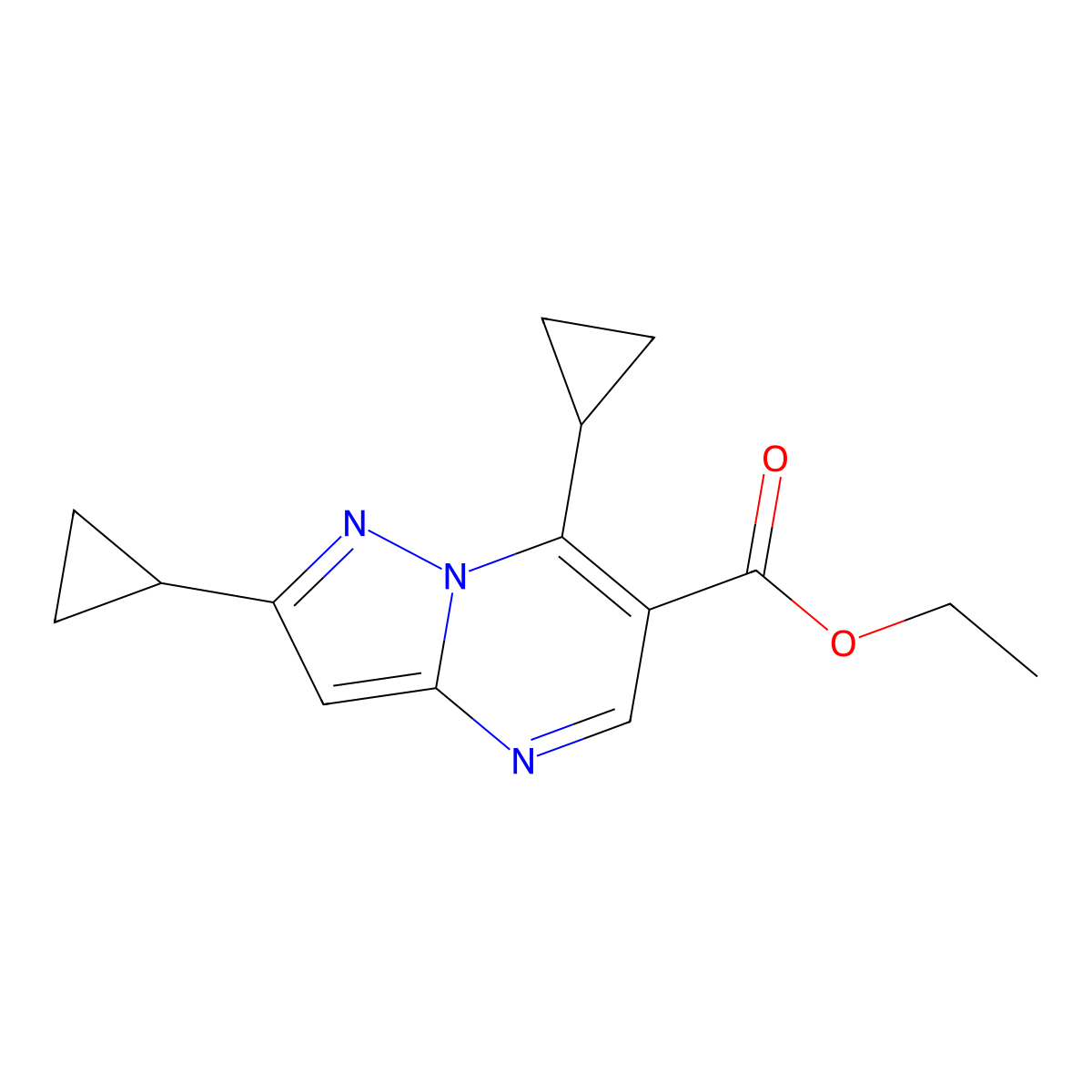 Ethyl 2,7-dicyclopropylpyrazolo[1,5-a]pyrimidine-6-carboxylate molecular structure, CAS 1245807-83-3