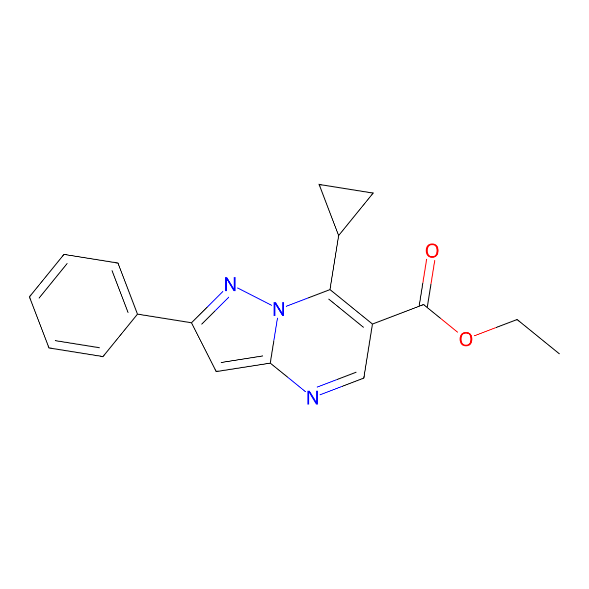 Ethyl 7-cyclopropyl-2-phenylpyrazolo[1,5-a]pyrimidine-6-carboxylate molecular structure, CAS 1245808-03-0