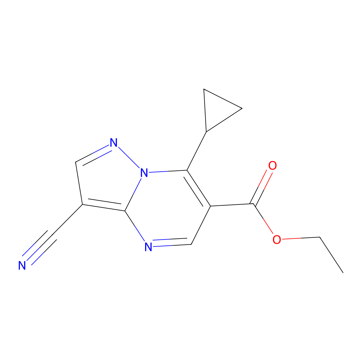 Ethyl 3-cyano-7-cyclopropylpyrazolo[1,5-a]pyrimidine-6-carboxylate molecular structure, CAS 1245808-24-5