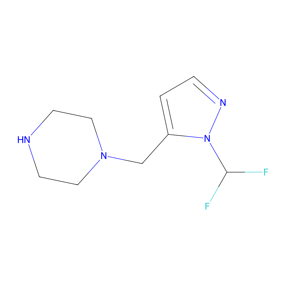 1-{[1-(difluoromethyl)-1H-pyrazol-5-yl]methyl}piperazine molecular structure, CAS 1245823-85-1