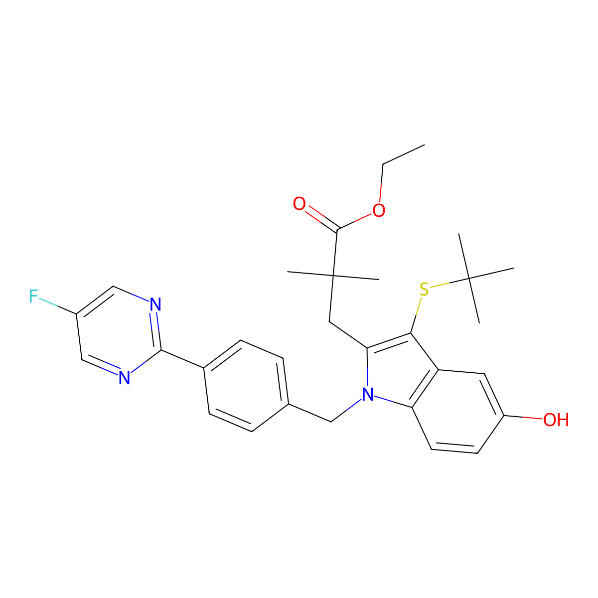 Ethyl 3-(3-(tert-butylthio)-1-(4-(5-fluoropyrimidin-2-yl)benzyl)-5-hydroxy-1H-indol-2-yl)-2,2-dimethylpropanoate molecular structure, CAS 1245899-93-7