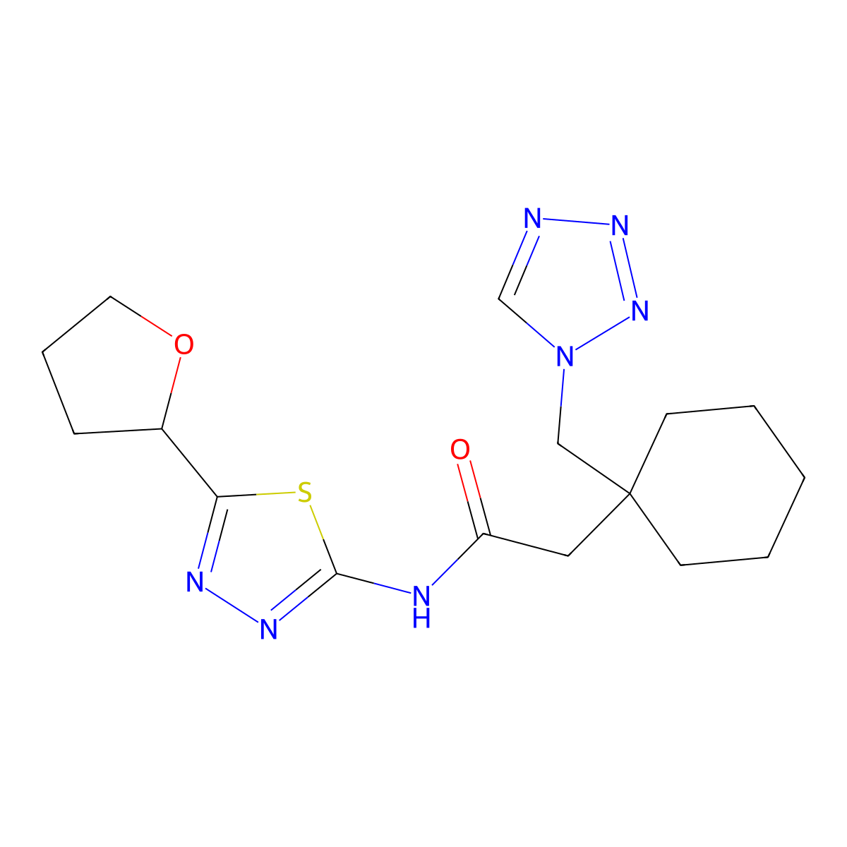 N-[(2E)-5-(tetrahydrofuran-2-yl)-1,3,4-thiadiazol-2(3H)-ylidene]-2-[1-(1H-tetrazol-1-ylmethyl)cyclohexyl]acetamide molecular structure, CAS 1246035-94-8