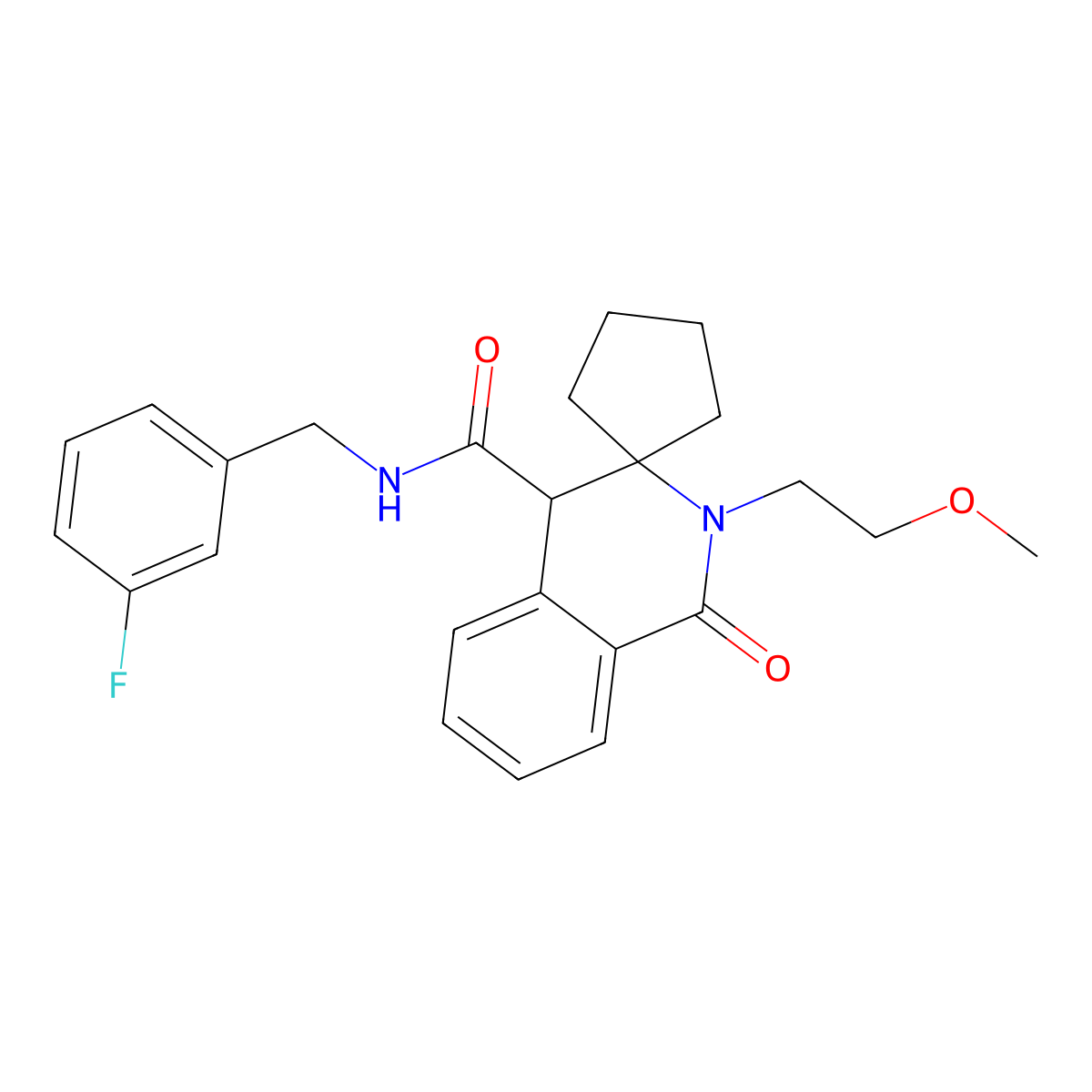 N-(3-fluorobenzyl)-2'-(2-methoxyethyl)-1'-oxo-1',4'-dihydro-2'H-spiro[cyclopentane-1,3'-isoquinoline]-4'-carboxamide molecular structure, CAS 1246036-23-6