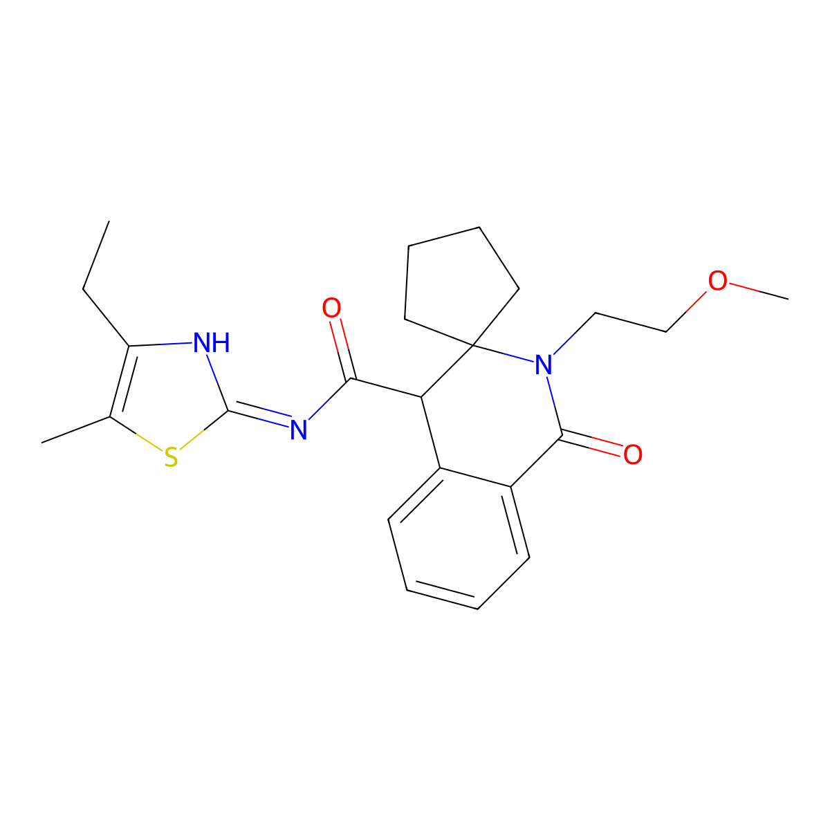 N-(4-ethyl-5-methylthiazol-2-yl)-2'-(2-methoxyethyl)-1'-oxo-2',4'-dihydro-1'H-spiro[cyclopentane-1,3'-isoquinoline]-4'-carboxamide molecular structure, CAS 1246038-39-0