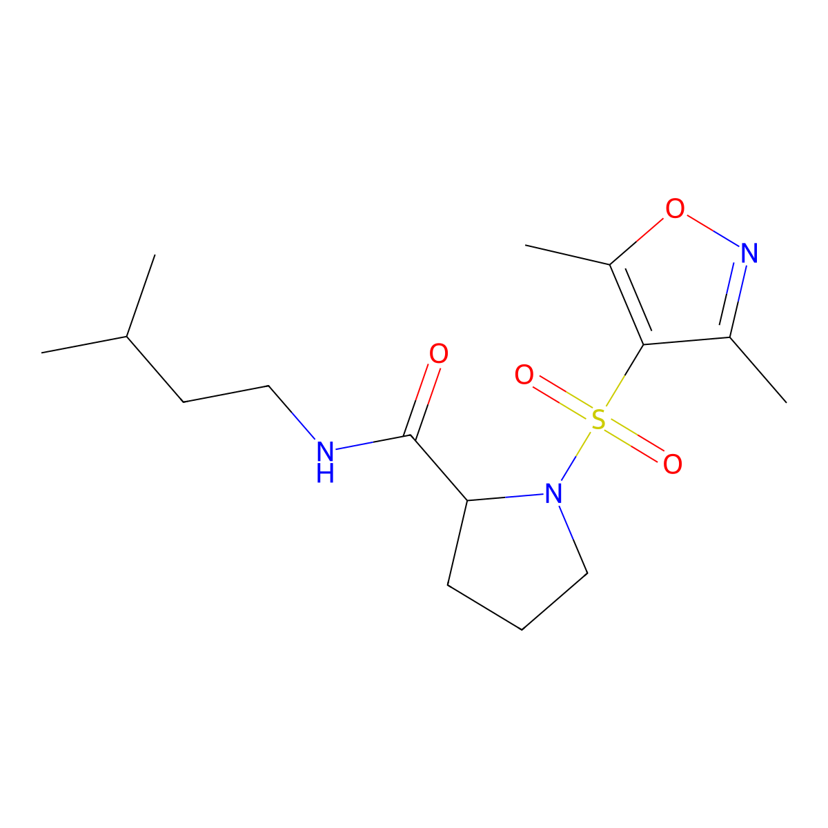 1-((3,5-dimethylisoxazol-4-yl)sulfonyl)-N-isopentylpyrrolidine-2-carboxamide molecular structure, CAS 1246040-85-6