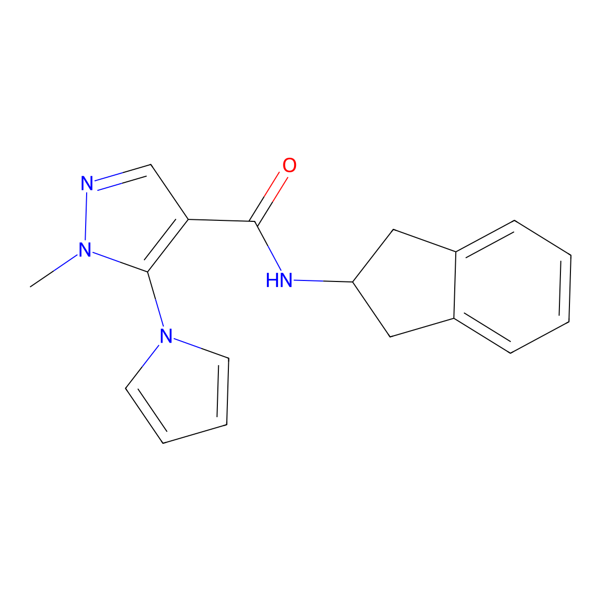 N-(2,3-dihydro-1H-inden-2-yl)-1-methyl-5-(1H-pyrrol-1-yl)-1H-pyrazole-4-carboxamide molecular structure, CAS 1246041-62-2