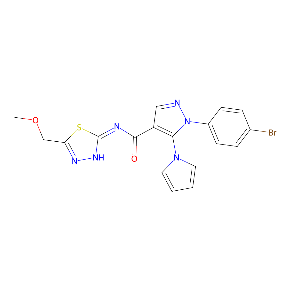 1-(4-bromophenyl)-N-[(2E)-5-(methoxymethyl)-1,3,4-thiadiazol-2(3H)-ylidene]-5-(1H-pyrrol-1-yl)-1H-pyrazole-4-carboxamide molecular structure, CAS 1246042-42-1