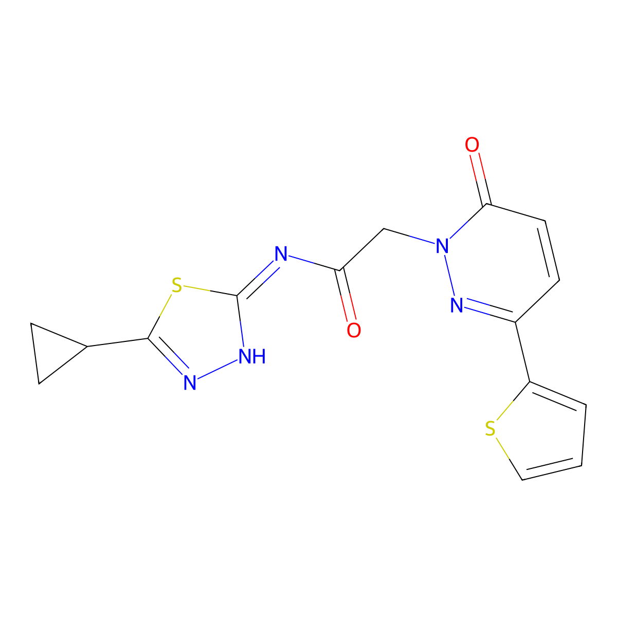 N-[(2E)-5-cyclopropyl-1,3,4-thiadiazol-2(3H)-ylidene]-2-[6-oxo-3-(thiophen-2-yl)pyridazin-1(6H)-yl]acetamide molecular structure, CAS 1246043-14-0