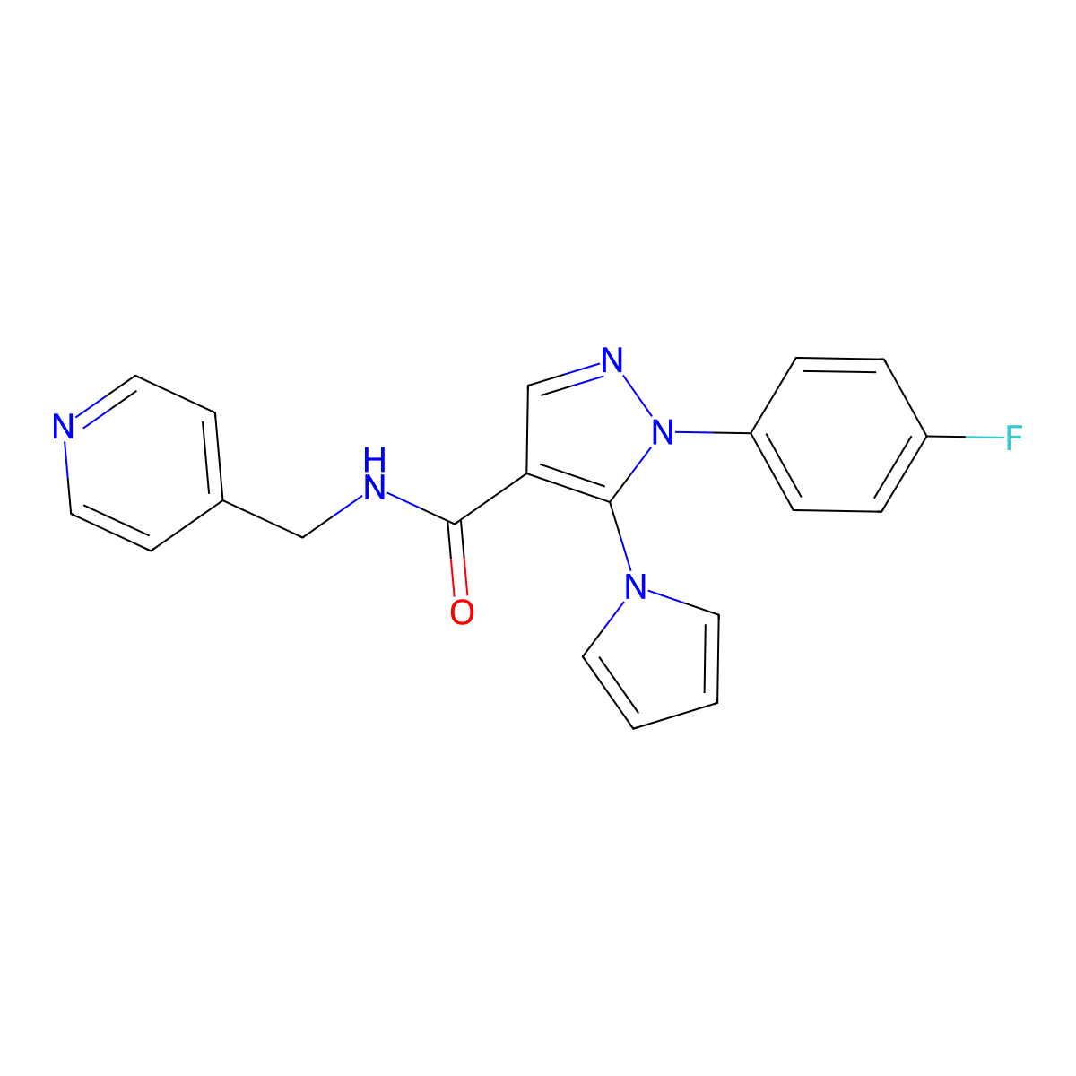 1-(4-fluorophenyl)-N-(pyridin-4-ylmethyl)-5-(1H-pyrrol-1-yl)-1H-pyrazole-4-carboxamide molecular structure, CAS 1246044-31-4