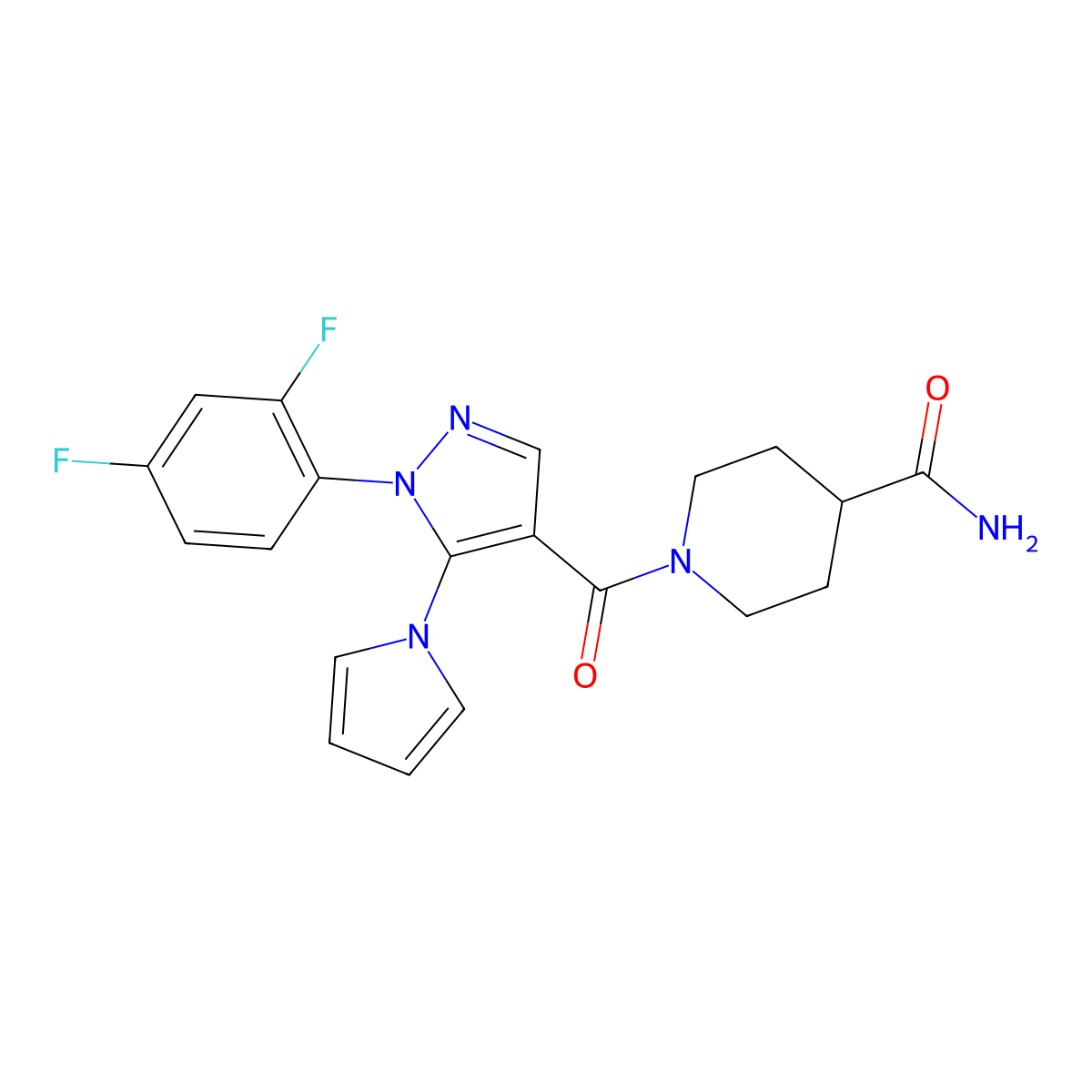 1-{[1-(2,4-difluorophenyl)-5-(1H-pyrrol-1-yl)-1H-pyrazol-4-yl]carbonyl}piperidine-4-carboxamide molecular structure, CAS 1246044-38-1