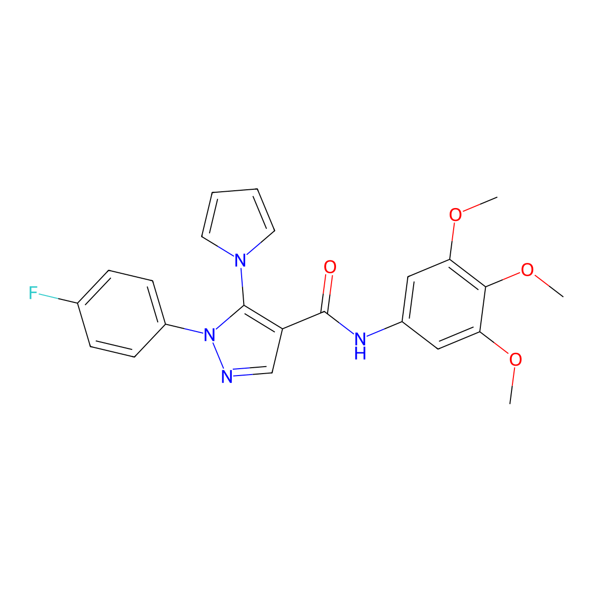 1-(4-fluorophenyl)-5-(1H-pyrrol-1-yl)-N-(3,4,5-trimethoxyphenyl)-1H-pyrazole-4-carboxamide molecular structure, CAS 1246044-58-5