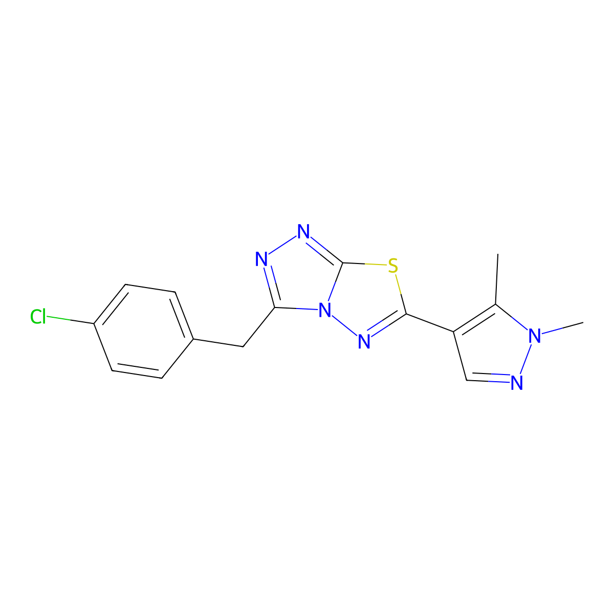 3-(4-chlorobenzyl)-6-(1,5-dimethyl-1H-pyrazol-4-yl)[1,2,4]triazolo[3,4-b][1,3,4]thiadiazole molecular structure, CAS 1246044-76-7