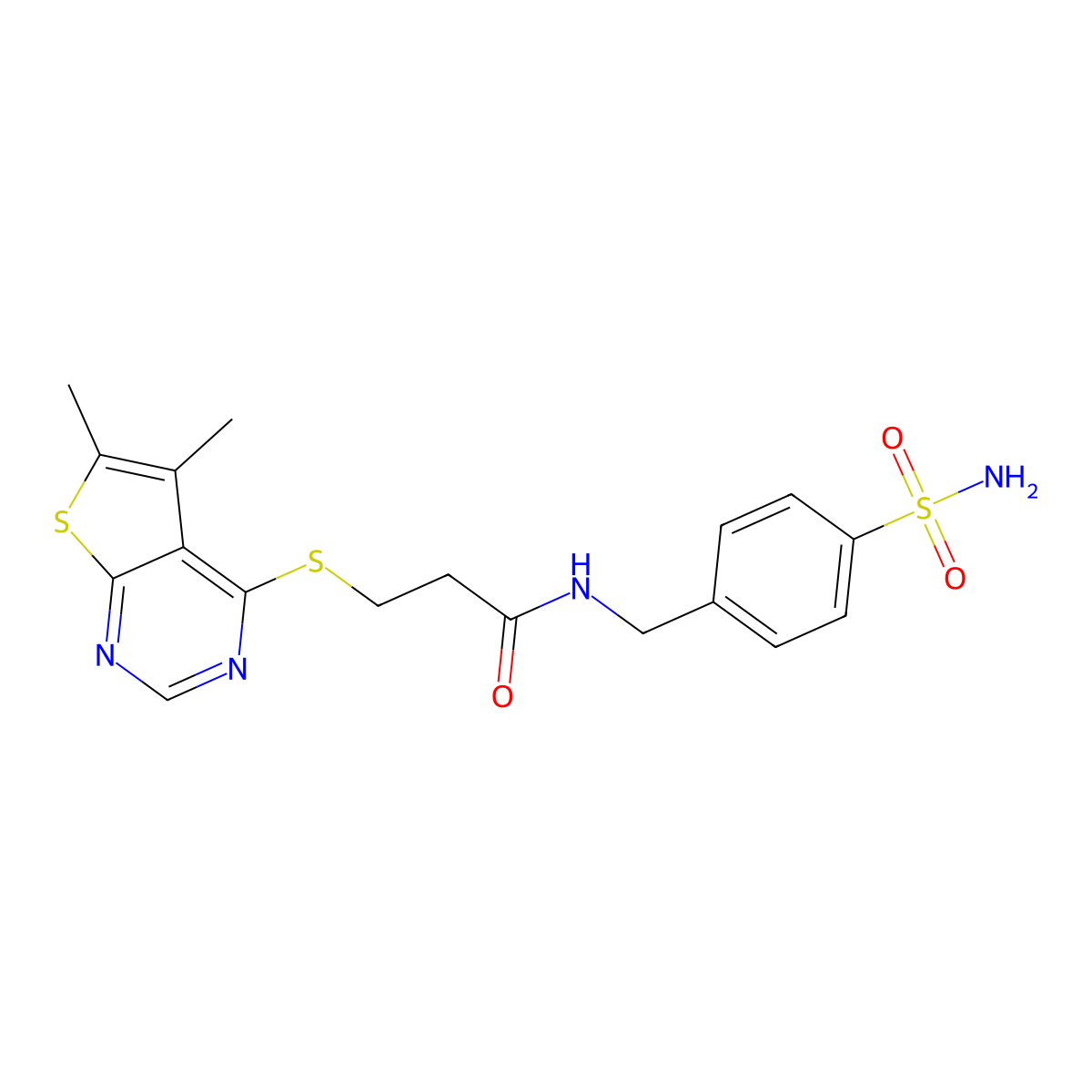 3-[(5,6-dimethylthieno[2,3-d]pyrimidin-4-yl)sulfanyl]-N-(4-sulfamoylbenzyl)propanamide molecular structure, CAS 1246044-84-7