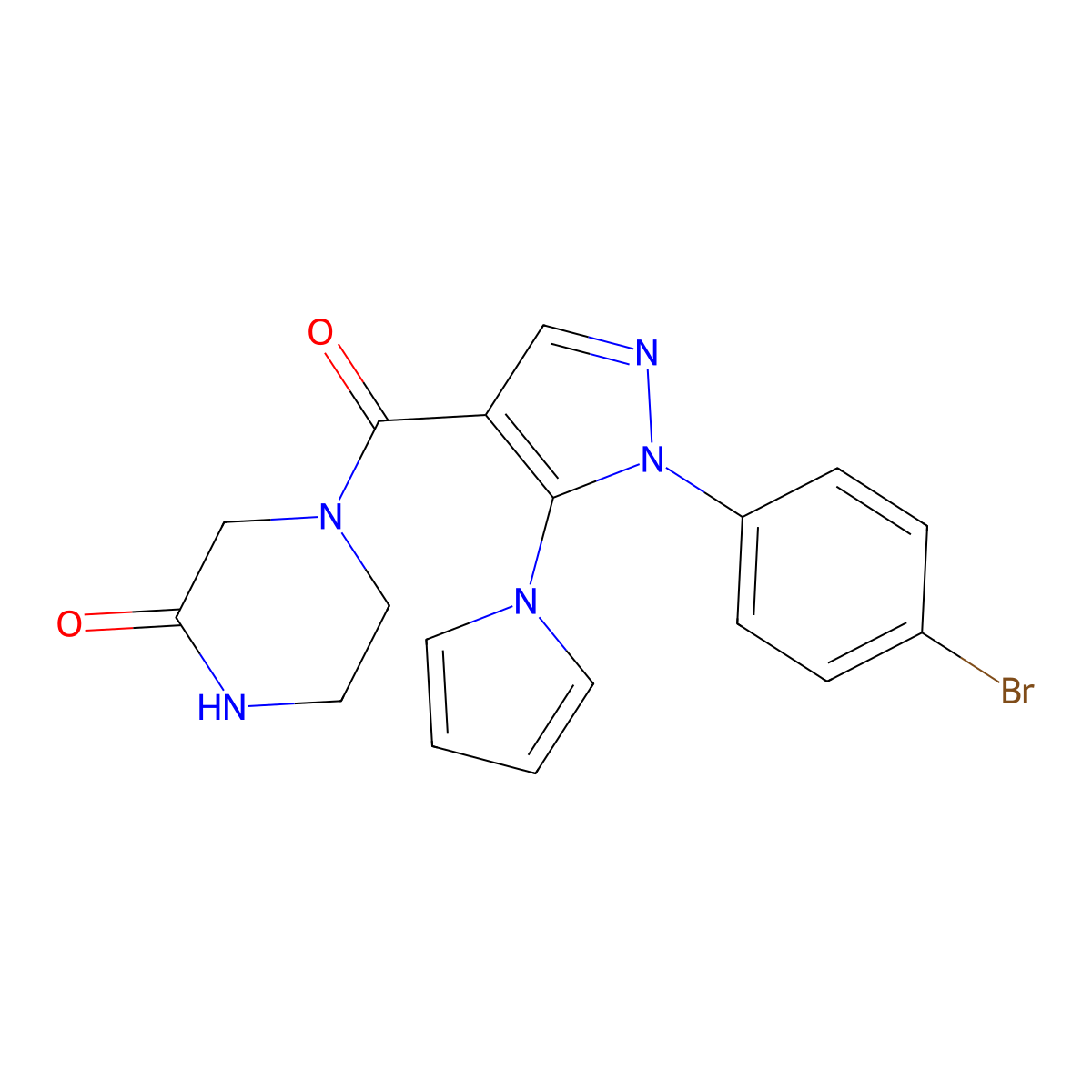 4-{[1-(4-bromophenyl)-5-(1H-pyrrol-1-yl)-1H-pyrazol-4-yl]carbonyl}piperazin-2-one molecular structure, CAS 1246045-67-9