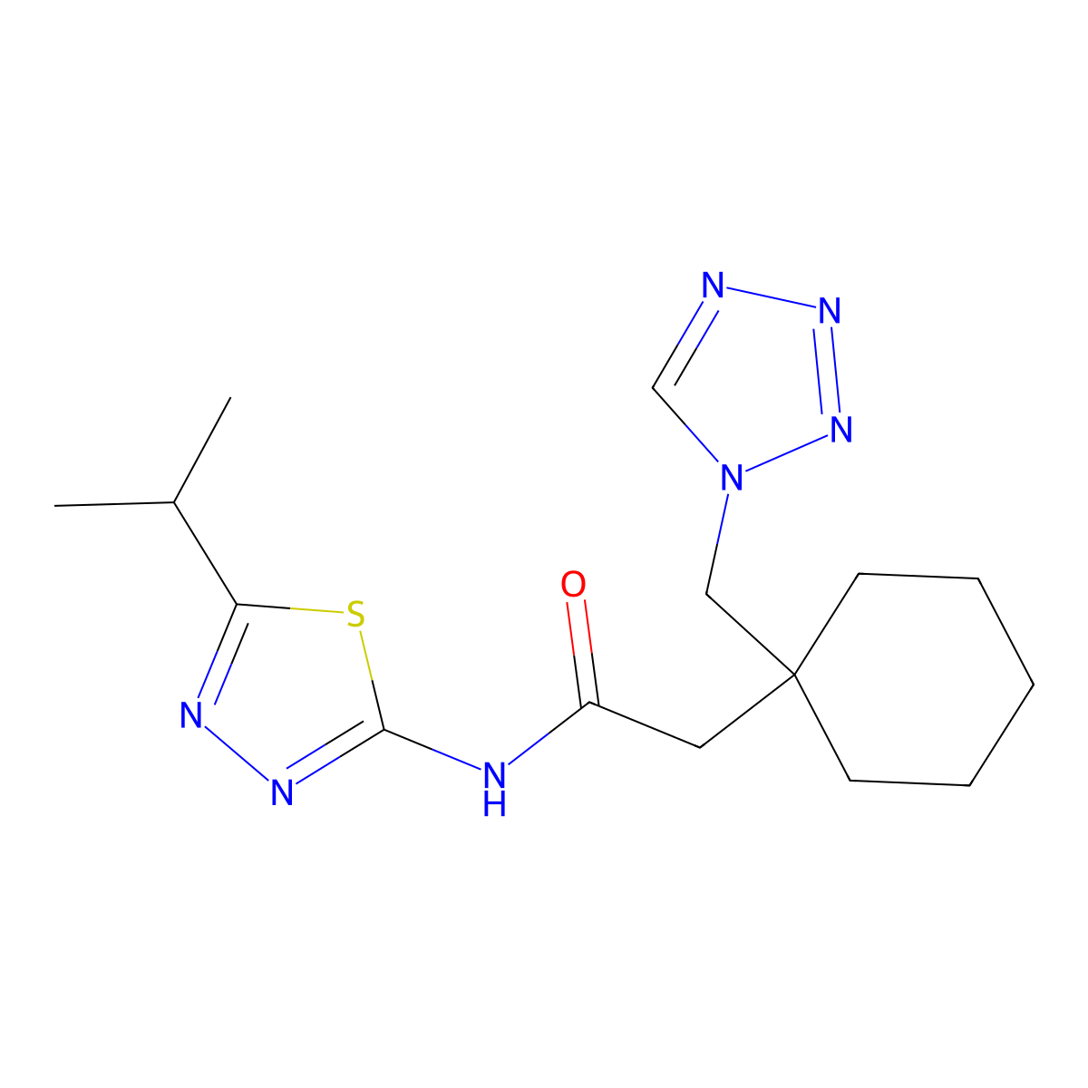 N-[(2E)-5-(propan-2-yl)-1,3,4-thiadiazol-2(3H)-ylidene]-2-[1-(1H-tetrazol-1-ylmethyl)cyclohexyl]acetamide molecular structure, CAS 1246045-80-6