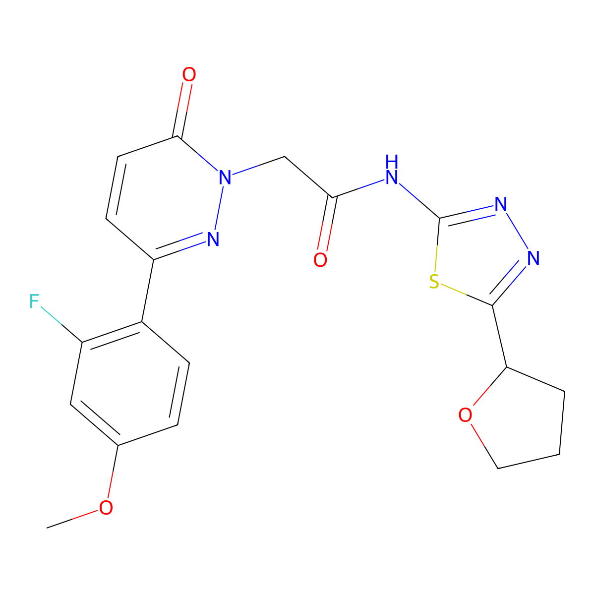 2-[3-(2-fluoro-4-methoxyphenyl)-6-oxopyridazin-1(6H)-yl]-N-[(2E)-5-(tetrahydrofuran-2-yl)-1,3,4-thiadiazol-2(3H)-ylidene]acetamide molecular structure, CAS 1246045-86-2