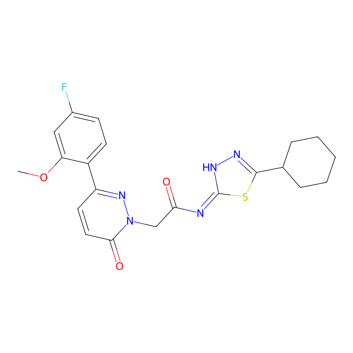 N-[(2E)-5-cyclohexyl-1,3,4-thiadiazol-2(3H)-ylidene]-2-[3-(4-fluoro-2-methoxyphenyl)-6-oxopyridazin-1(6H)-yl]acetamide molecular structure, CAS 1246045-96-4