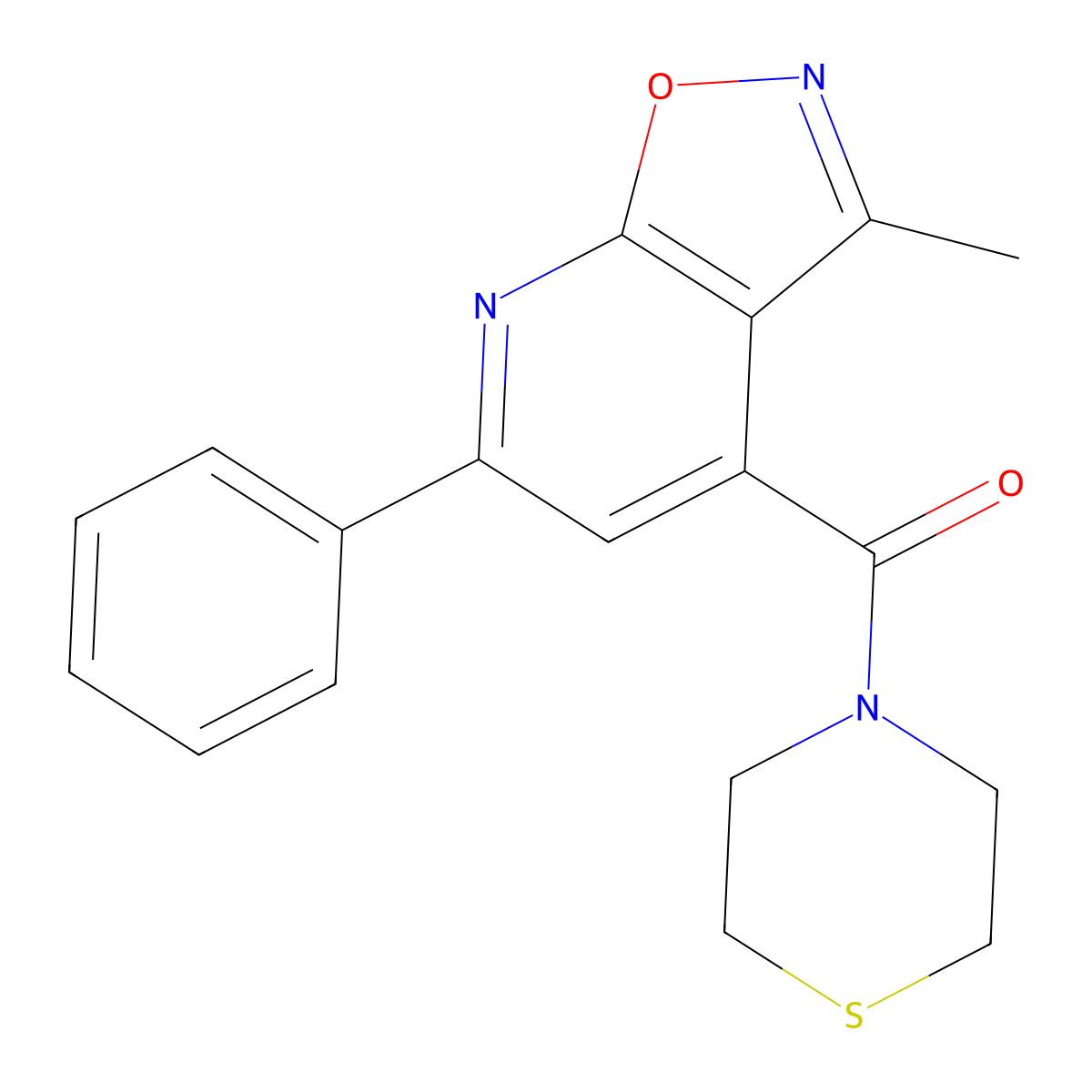(3-Methyl-6-phenylisoxazolo[5,4-b]pyridin-4-yl)(1,4-thiazinan-4-yl)methanone molecular structure, CAS 1246046-51-4