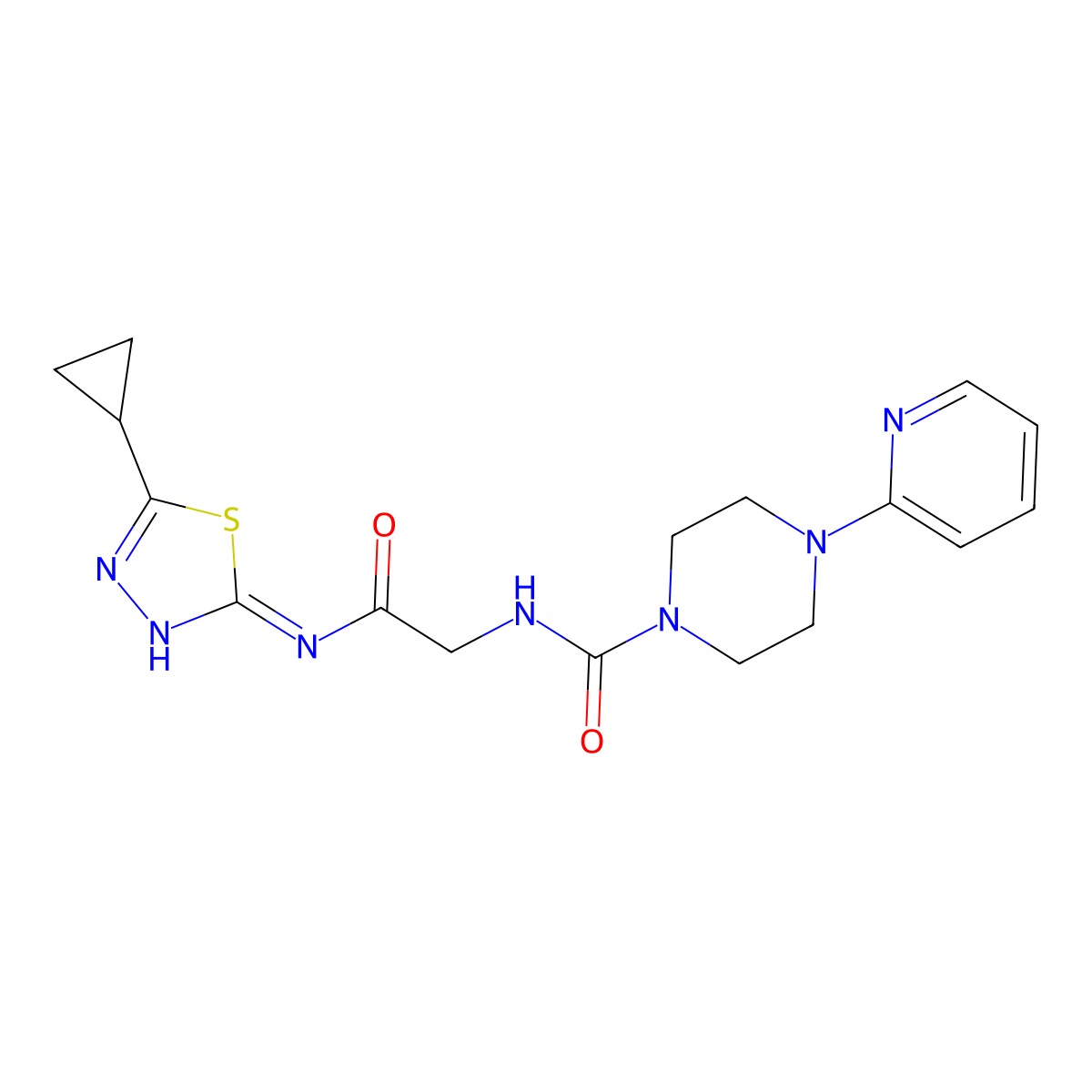 N-(2-{[(2Z)-5-cyclopropyl-1,3,4-thiadiazol-2(3H)-ylidene]amino}-2-oxoethyl)-4-(pyridin-2-yl)piperazine-1-carboxamide molecular structure, CAS 1246046-94-5