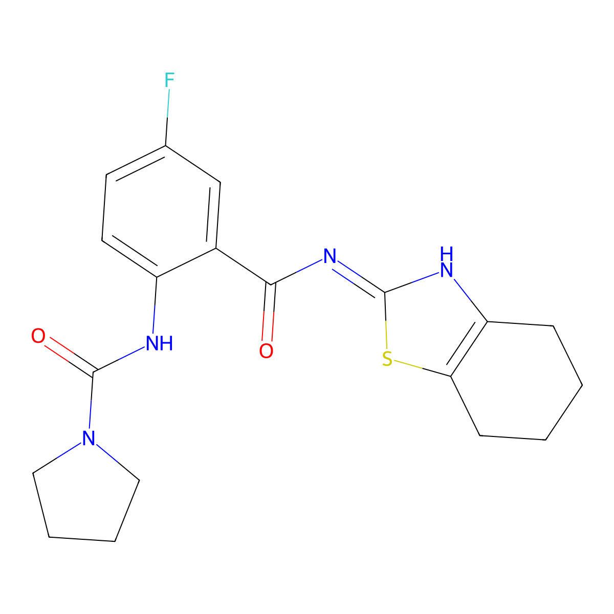 N-{4-fluoro-2-[(2Z)-4,5,6,7-tetrahydro-1,3-benzothiazol-2(3H)-ylidenecarbamoyl]phenyl}pyrrolidine-1-carboxamide molecular structure, CAS 1246047-18-6