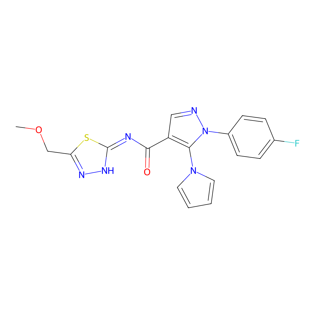 1-(4-fluorophenyl)-N-[(2E)-5-(methoxymethyl)-1,3,4-thiadiazol-2(3H)-ylidene]-5-(1H-pyrrol-1-yl)-1H-pyrazole-4-carboxamide molecular structure, CAS 1246047-25-5