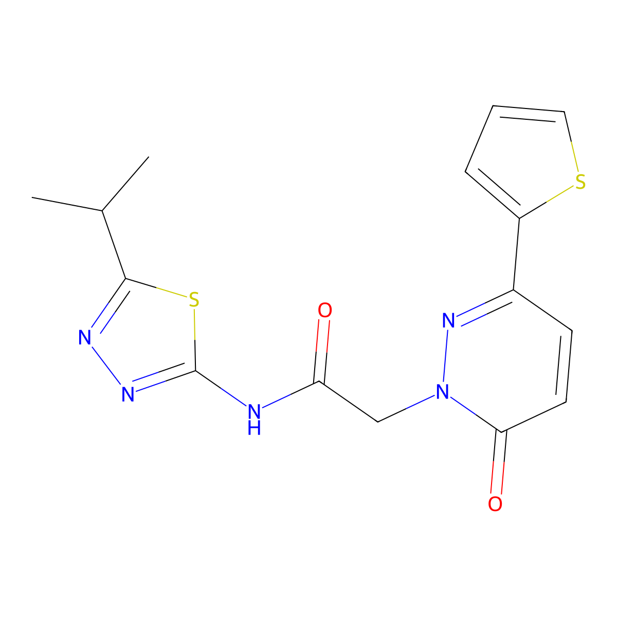 2-[6-oxo-3-(thiophen-2-yl)pyridazin-1(6H)-yl]-N-[(2E)-5-(propan-2-yl)-1,3,4-thiadiazol-2(3H)-ylidene]acetamide molecular structure, CAS 1246047-49-3