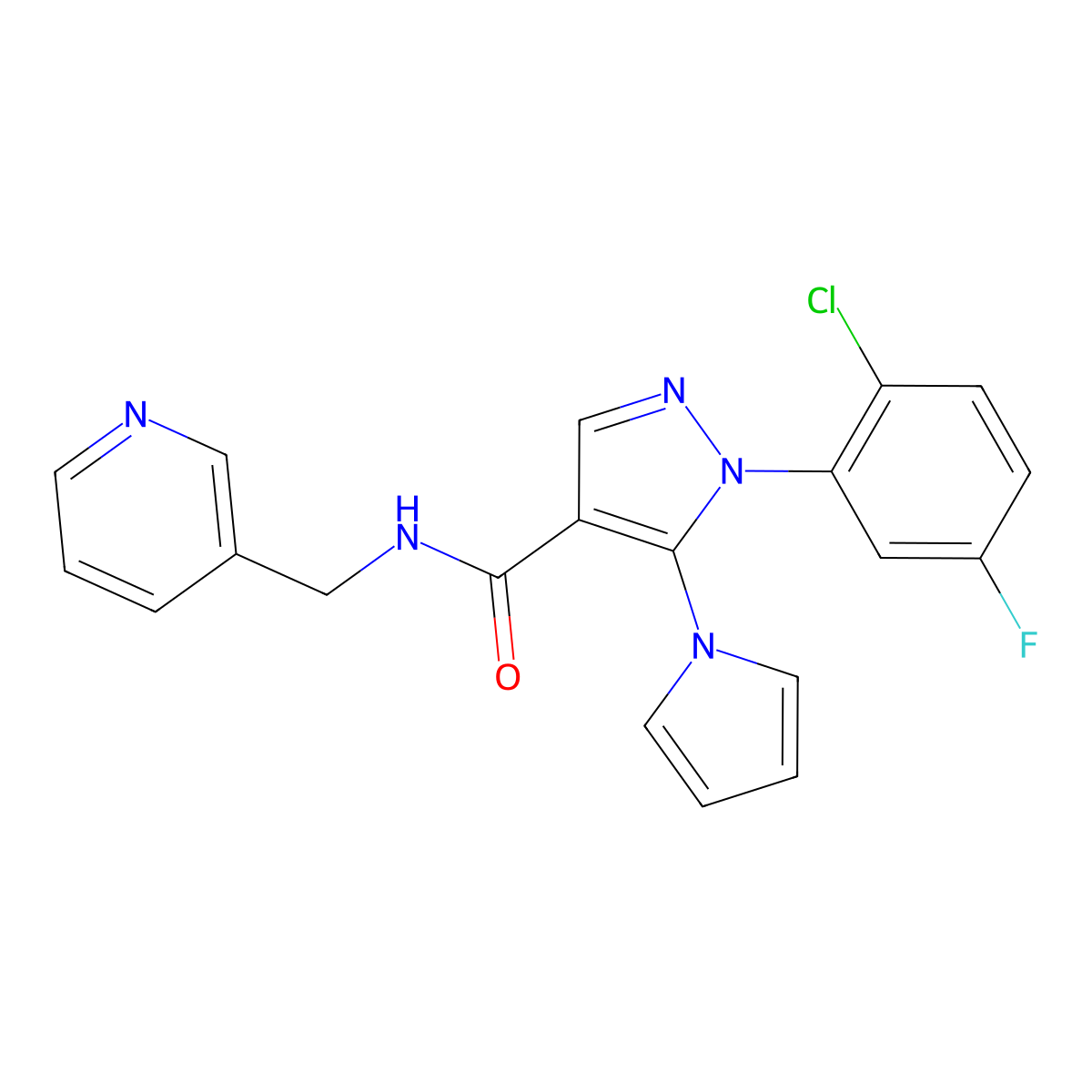 1-(2-chloro-5-fluorophenyl)-N-(pyridin-3-ylmethyl)-5-(1H-pyrrol-1-yl)-1H-pyrazole-4-carboxamide molecular structure, CAS 1246048-00-9
