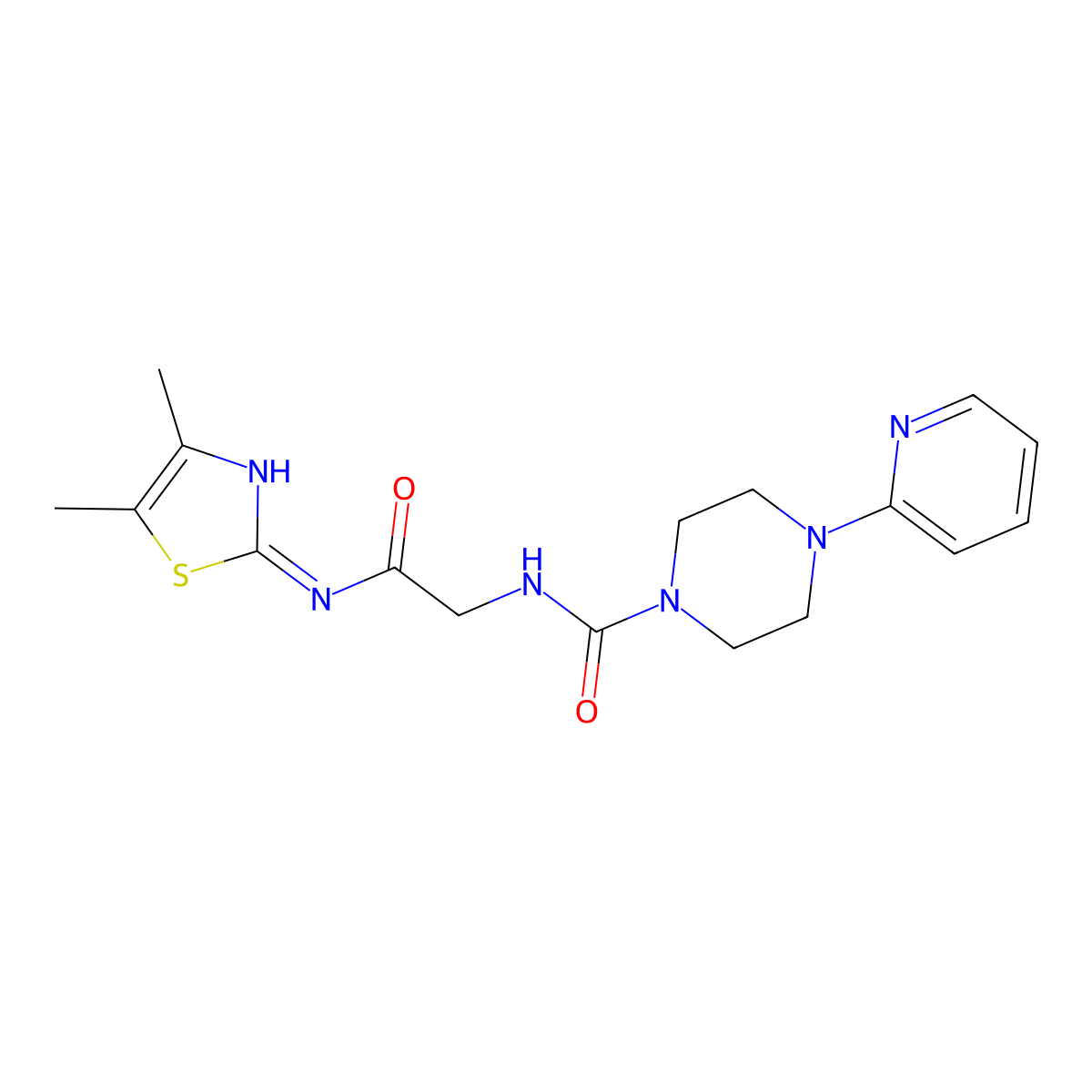 N-(2-{[(2E)-4,5-dimethyl-1,3-thiazol-2(3H)-ylidene]amino}-2-oxoethyl)-4-(pyridin-2-yl)piperazine-1-carboxamide molecular structure, CAS 1246048-32-7