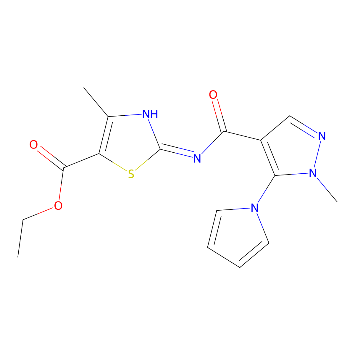 ethyl 4-methyl-2-({[1-methyl-5-(1H-pyrrol-1-yl)-1H-pyrazol-4-yl]carbonyl}amino)-1,3-thiazole-5-carboxylate molecular structure, CAS 1246049-05-7