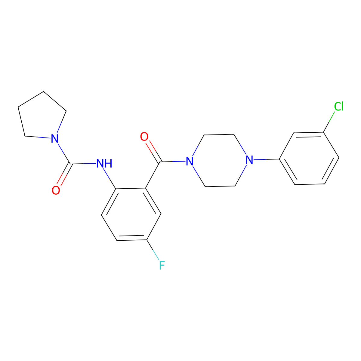 N-(2-{[4-(3-chlorophenyl)piperazin-1-yl]carbonyl}-4-fluorophenyl)pyrrolidine-1-carboxamide molecular structure, CAS 1246049-15-9