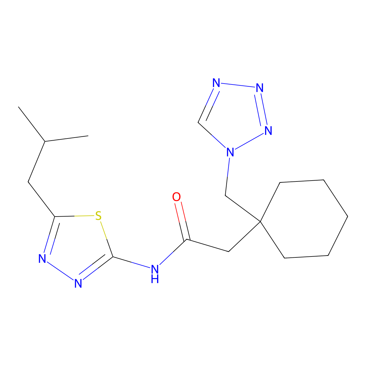 N-[(2E)-5-(2-methylpropyl)-1,3,4-thiadiazol-2(3H)-ylidene]-2-[1-(1H-tetrazol-1-ylmethyl)cyclohexyl]acetamide molecular structure, CAS 1246049-42-2