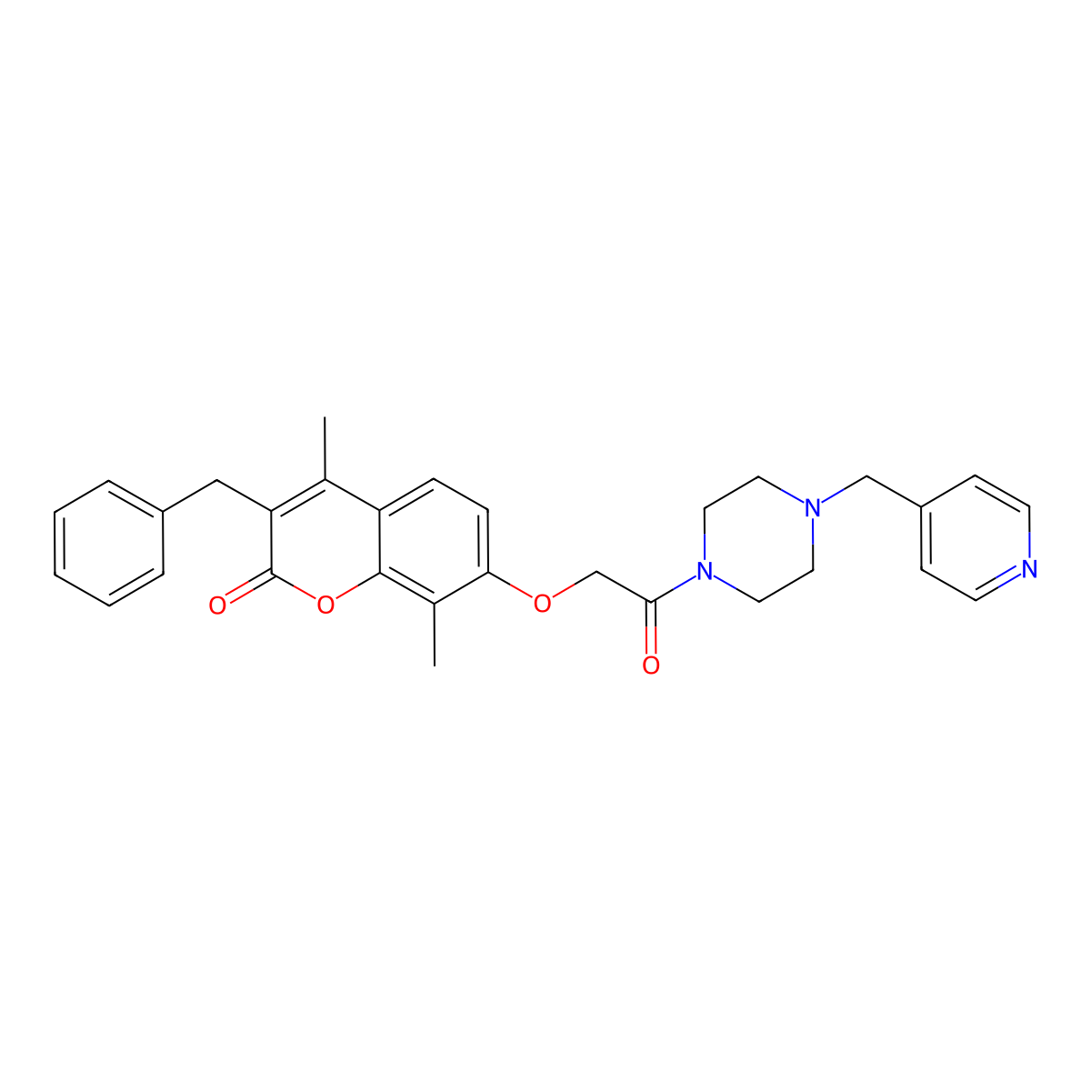 3-benzyl-4,8-dimethyl-7-(2-oxo-2-(4-(pyridin-4-ylmethyl)piperazin-1-yl)ethoxy)-2H-chromen-2-one molecular structure, CAS 1246049-70-6
