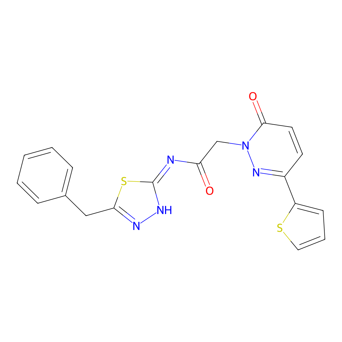 N-[(2E)-5-benzyl-1,3,4-thiadiazol-2(3H)-ylidene]-2-[6-oxo-3-(thiophen-2-yl)pyridazin-1(6H)-yl]acetamide molecular structure, CAS 1246049-77-3