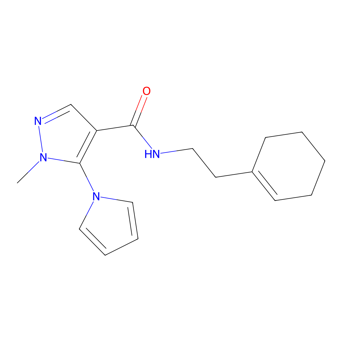 N-[2-(cyclohex-1-en-1-yl)ethyl]-1-methyl-5-(1H-pyrrol-1-yl)-1H-pyrazole-4-carboxamide molecular structure, CAS 1246050-15-6
