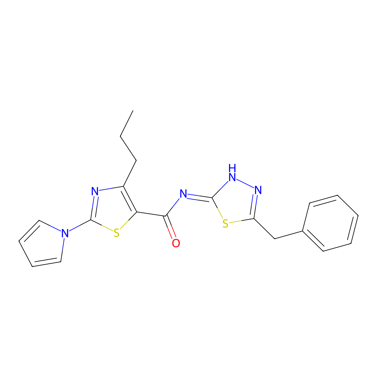 N-[(2Z)-5-benzyl-1,3,4-thiadiazol-2(3H)-ylidene]-4-propyl-2-(1H-pyrrol-1-yl)-1,3-thiazole-5-carboxamide molecular structure, CAS 1246050-79-2