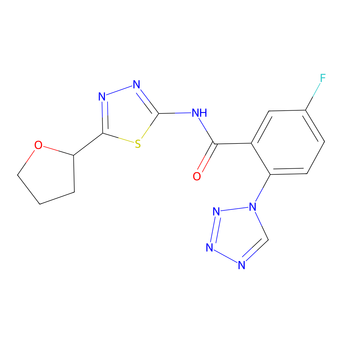 5-fluoro-N-[(2E)-5-(tetrahydrofuran-2-yl)-1,3,4-thiadiazol-2(3H)-ylidene]-2-(1H-tetrazol-1-yl)benzamide molecular structure, CAS 1246050-94-1