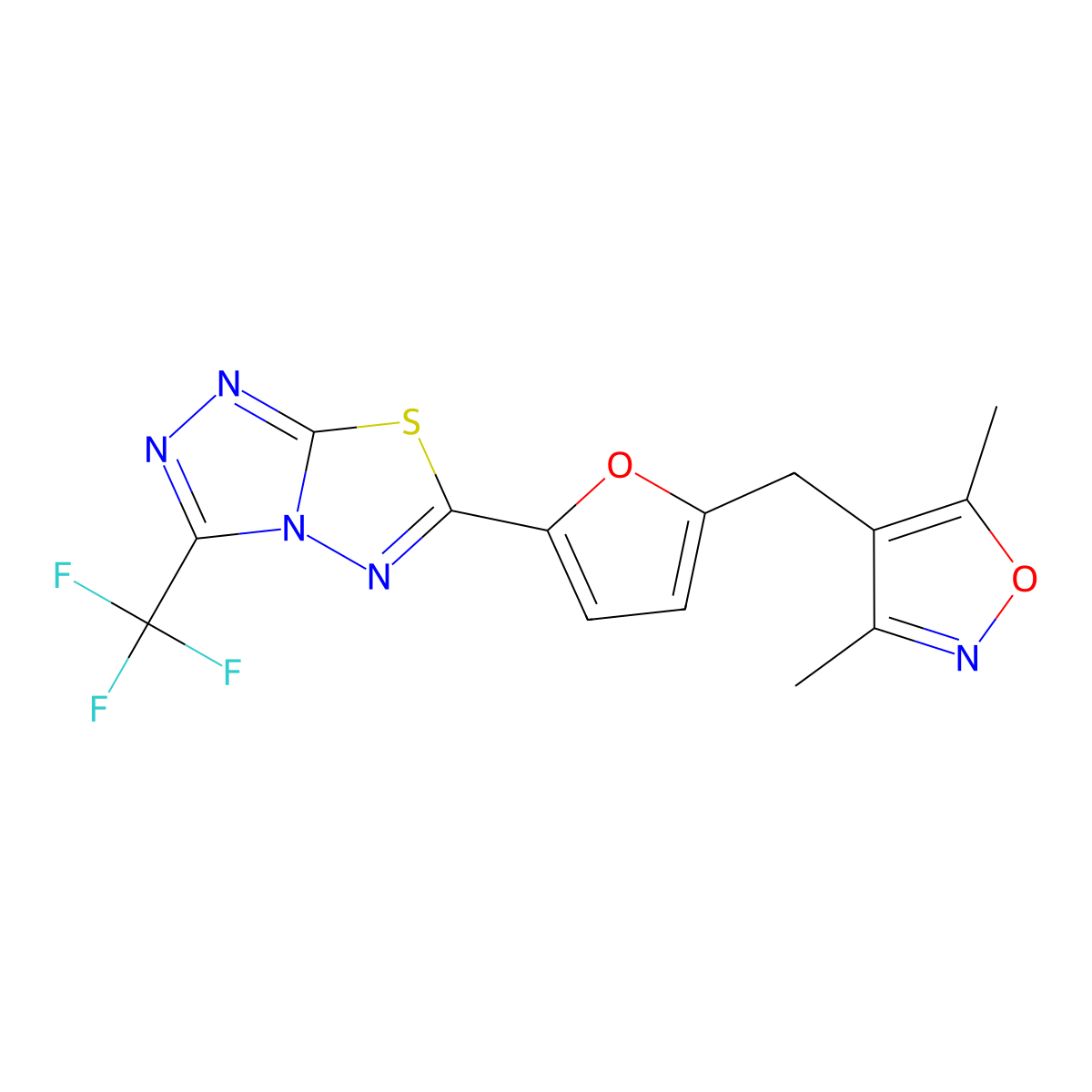 6-{5-[(3,5-Dimethyl-1,2-oxazol-4-yl)methyl]furan-2-yl}-3-(trifluoromethyl)[1,2,4]triazolo[3,4-b][1,3,4]thiadiazole molecular structure, CAS 1246051-14-8